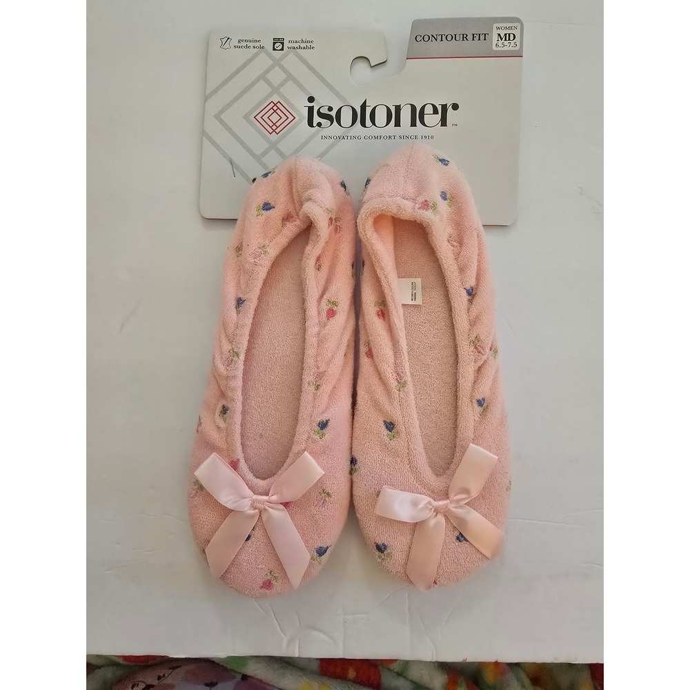 Isotoner Womens Pink Floral Terry Ballet Slippers Suede Sole Medium 8-9